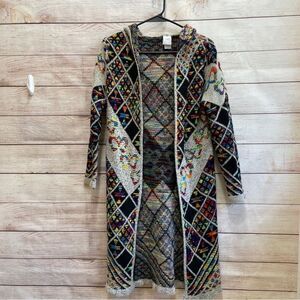 Long Open-Front Multicolor Knit Cardigan - Black & Ivory